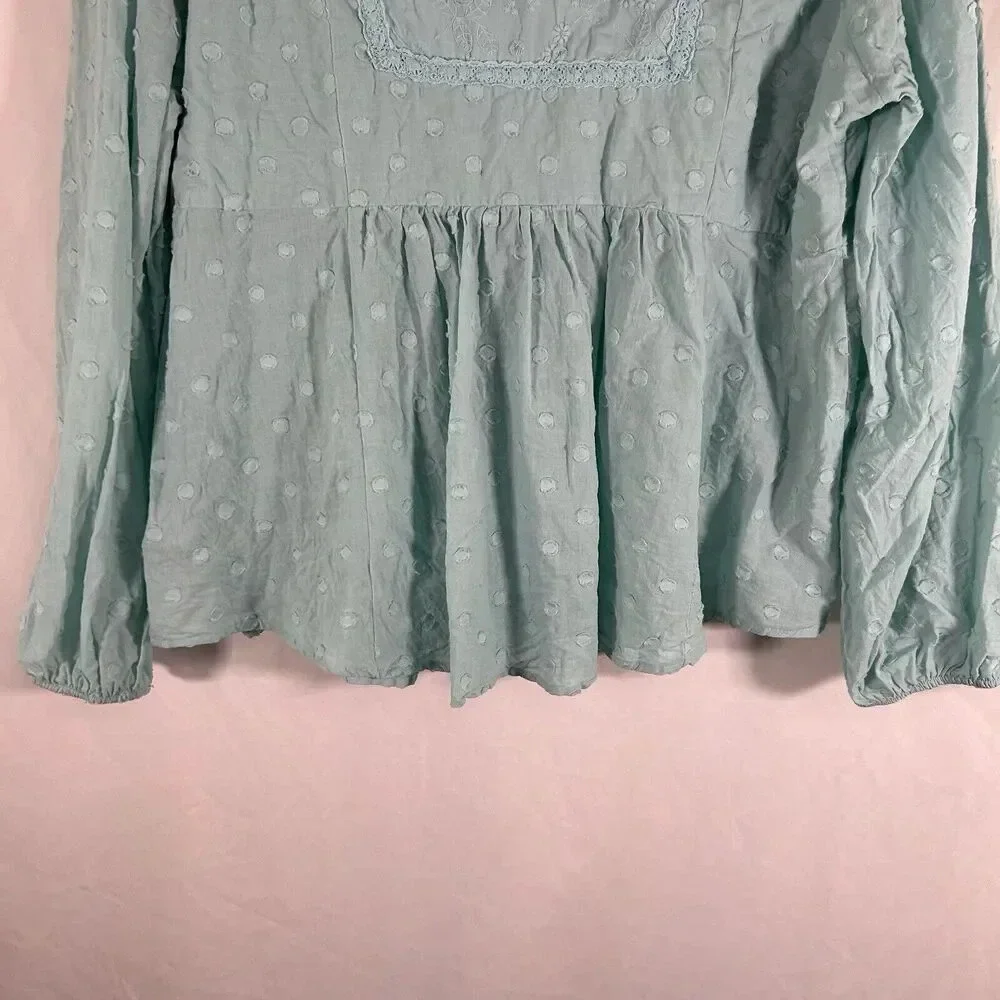 Torrid Blouse Women's 1 1X Blue Vneck Long Sleeve Frill Neckline 100% Cotton